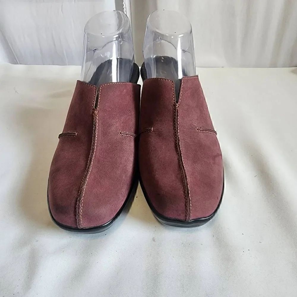 Clarks DELIGHT Nubuck Leather Center Seam Comfort Mules Red Wine Size 9m